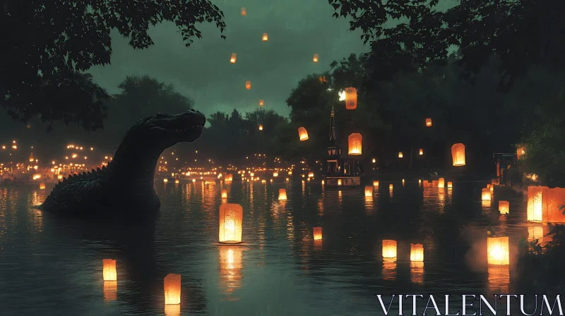 AI ART Night Lake with Floating Lanterns