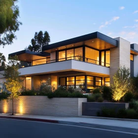 Contemporary House with Large Glass Windows and Evening Lighting