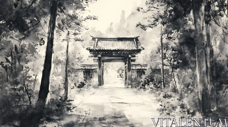 AI ART Monochrome Forest Gate Painting