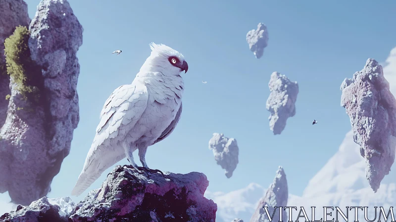 White Bird Perched on Rock Ledge AI Image