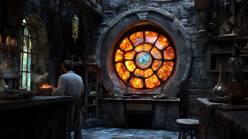 Alchemist's Workshop with Glowing Window