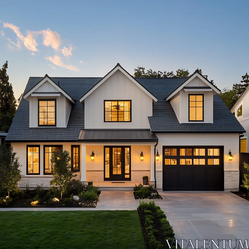 Contemporary Home Facade at Dusk AI Image