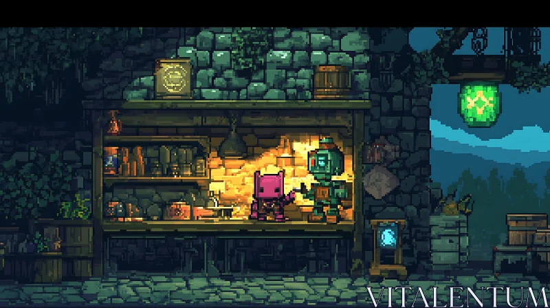 Charming Pixelated Duo in Stone Chamber AI Image