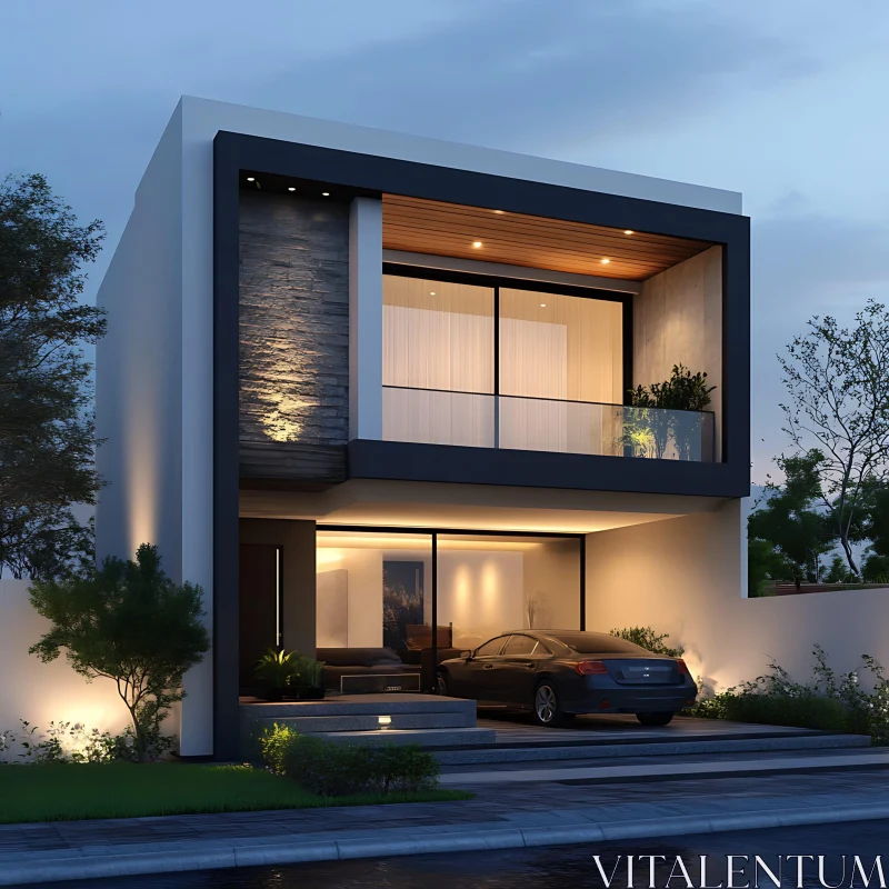 Minimalist Two-Story House Exterior at Night AI Image