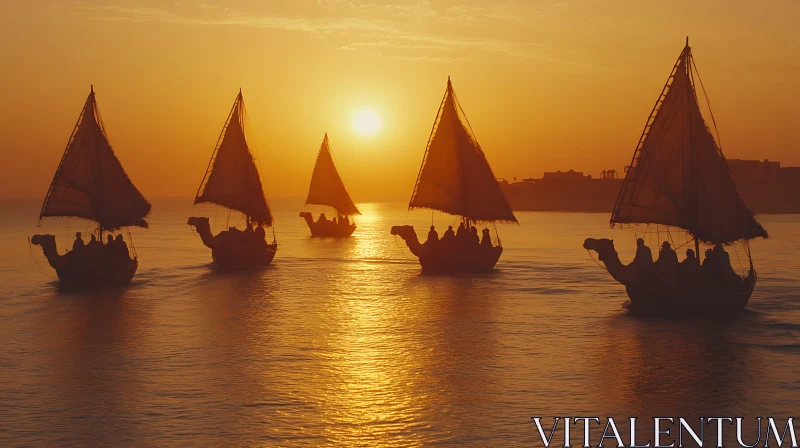 Camel Boats Sailing at Sunset AI Image