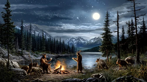 Mystical Campfire Scene under Moonlight