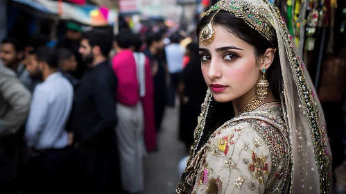 Woman in Traditional Dress in Crowded Street