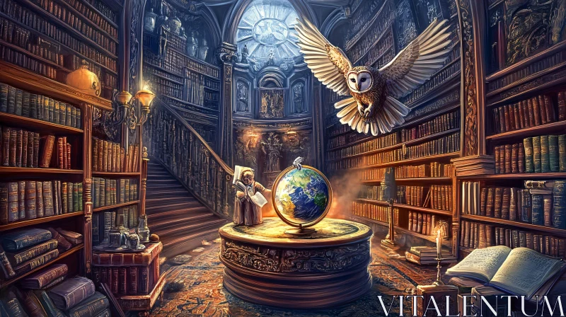 Owl in Library With Globe AI Image