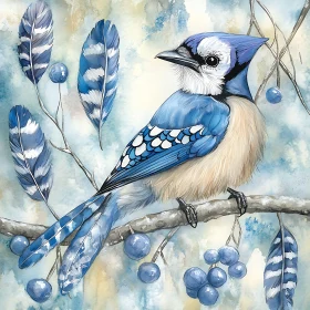 Blue Jay on Branch with Berries