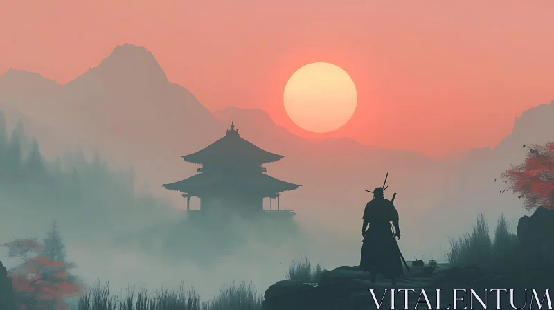 AI ART Silhouette of a Samurai at Sunset