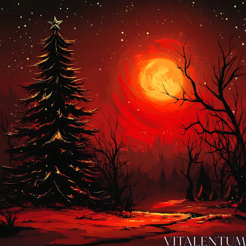 AI ART Christmas Night Landscape with Tree