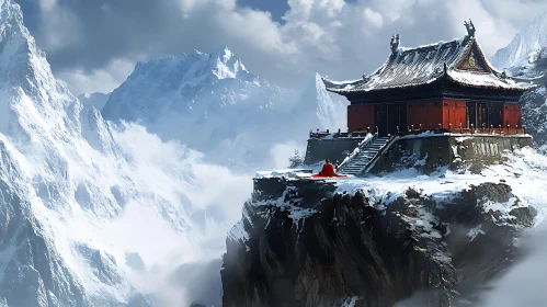 Cliffside Monastery in Winter Mountains