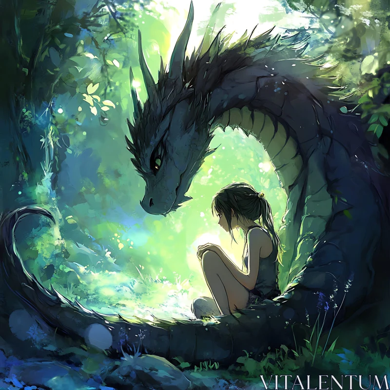 AI ART Enchanted Forest Encounter: Girl and Dragon