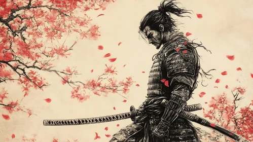 Monochrome Samurai with Red Blossoms