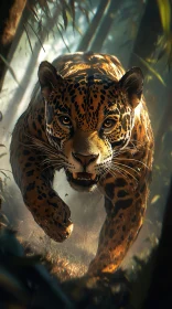 Jaguar in Motion Amidst Jungle Foliage
