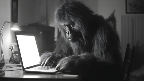 Ape Contemplating Computer Screen