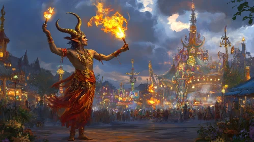 Horned Figure with Flames in Festival Scene