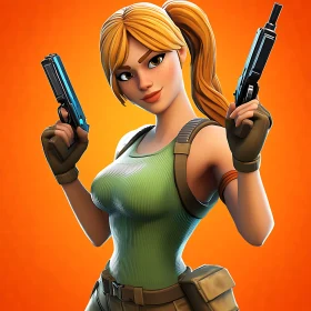 Cartoon Woman with Guns on Orange