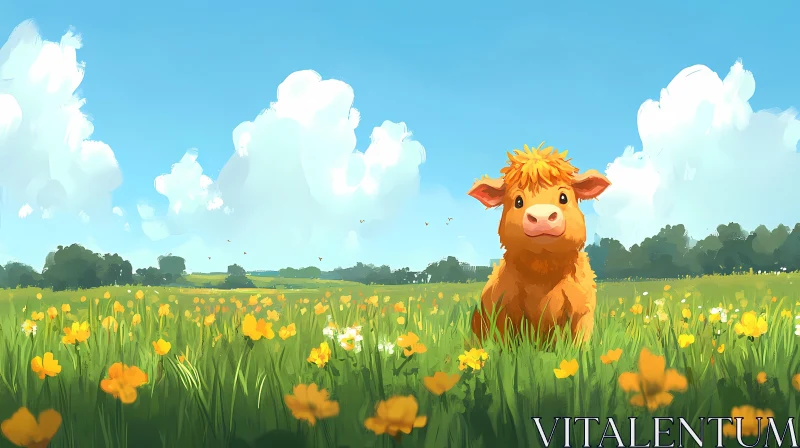 Adorable Calf in a Meadow AI Image