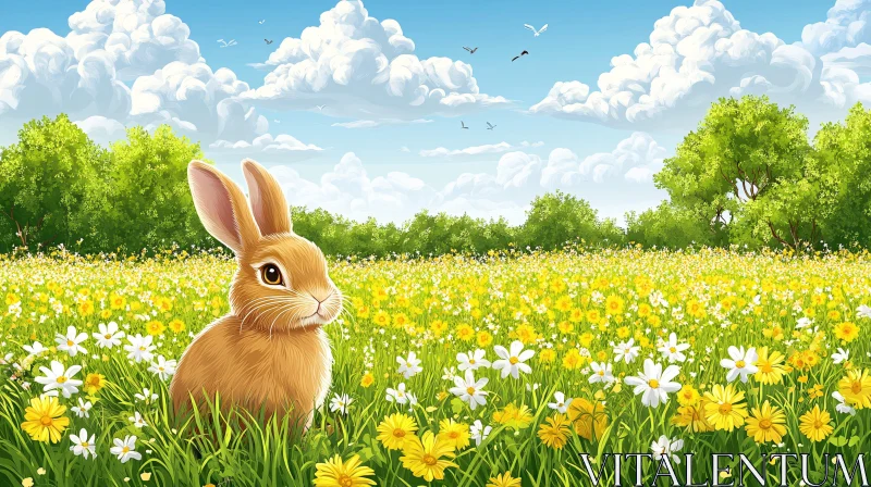 Rabbit in Blooming Field AI Image