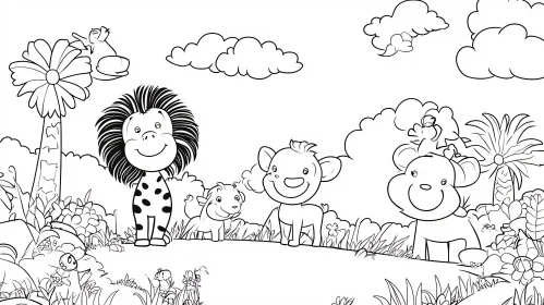 Cheerful Jungle Animals in a Cartoon Drawing