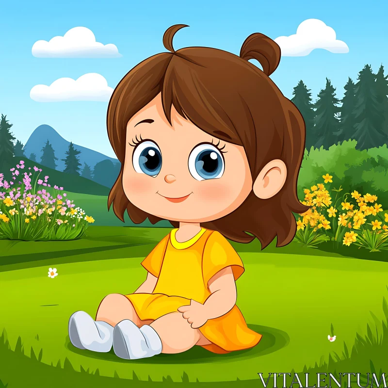 AI ART Cute Girl Cartoon in a Field of Flowers