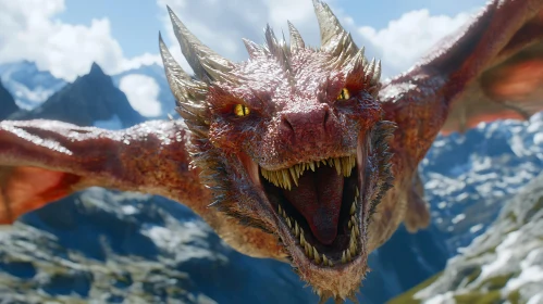Fearsome Dragon in Flight Over Snowy Peaks
