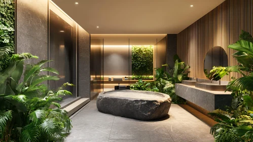 Elegant Minimalist Bathroom with Natural Elements and Green Plants