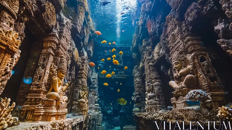 AI ART Submerged Ancient Temple with Aquatic Life