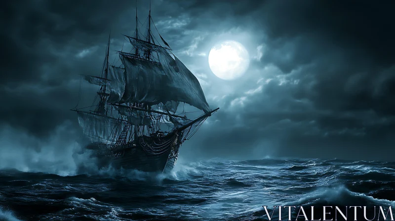 AI ART Ship Sailing Through a Moonlight Storm
