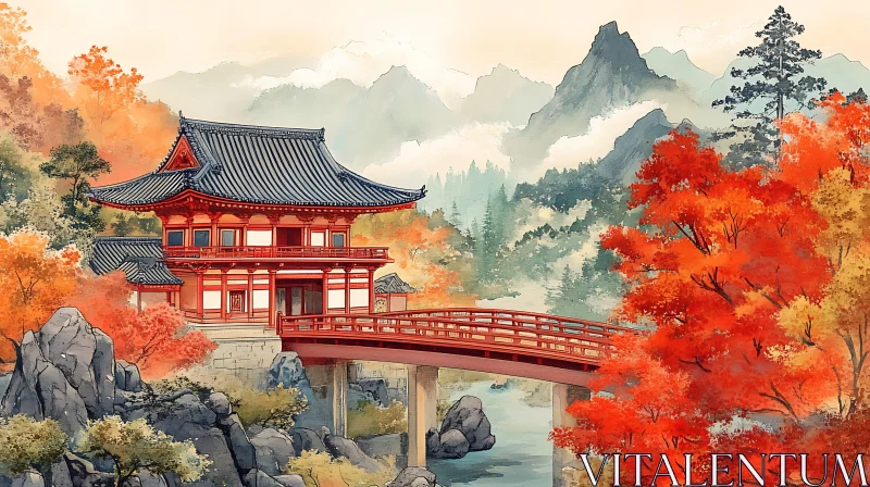 Autumnal Japanese Temple Scene AI Image