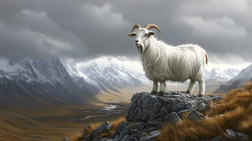 Mountain Goat Posed in Wilderness