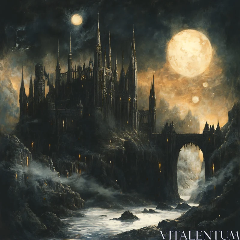 AI ART Moonlit Gothic Castle by the River