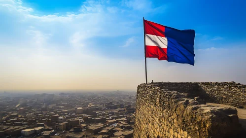 Urban Panorama with Flag and Ancient Wall