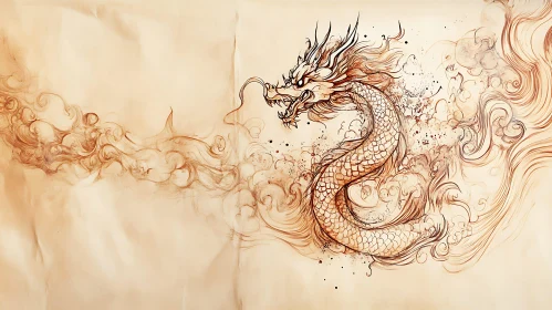 Sepia Dragon Drawing with Cloud Accents