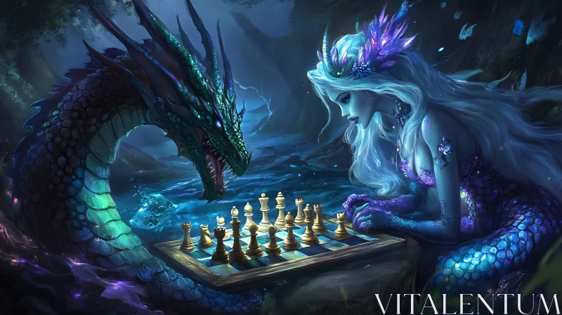 AI ART Fantasy Chess Match: Mermaid vs Dragon