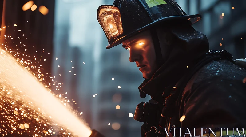 Firefighting Hero in Urban Blaze AI Image