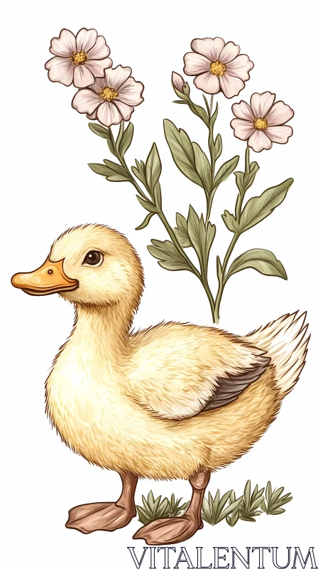 Charming Duckling Amid Blooming Flowers AI Image