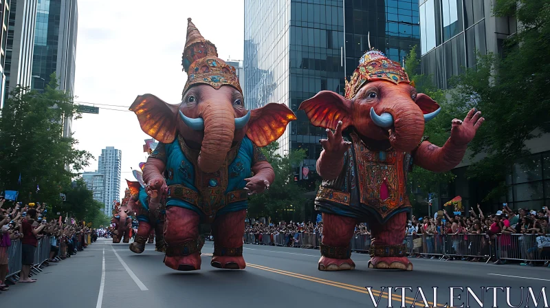 Ornate Elephant Characters Celebrate on City Road AI Image