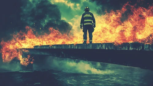 Intense Bridge Fire with Firefighter