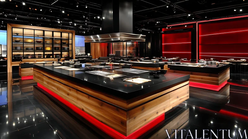 Sleek Restaurant Kitchen Design with Red Lighting AI Image