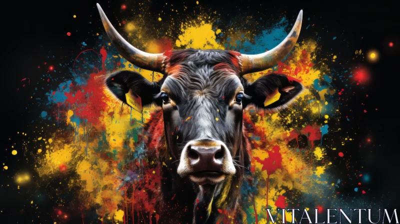 Abstract Bull Face with Colorful Paint Splashes AI Image