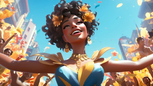 Animated Woman in Yellow Dress with Floral Explosion - Afro-Colombian Themes