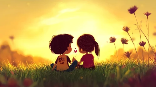 Sunset field love cartoon