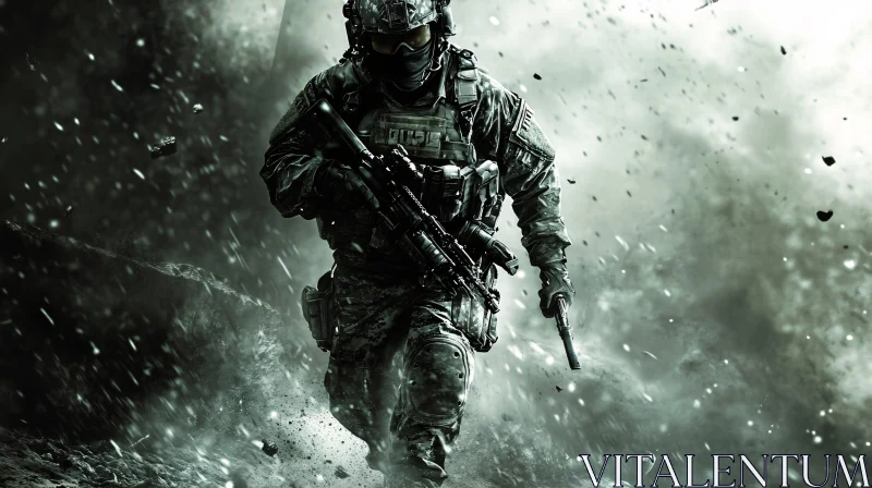 Armed Soldier Walking Through Battlefield AI Image