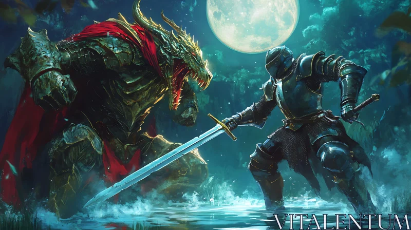 AI ART Moonlit Duel: Armored Knight and Scaled Dragon