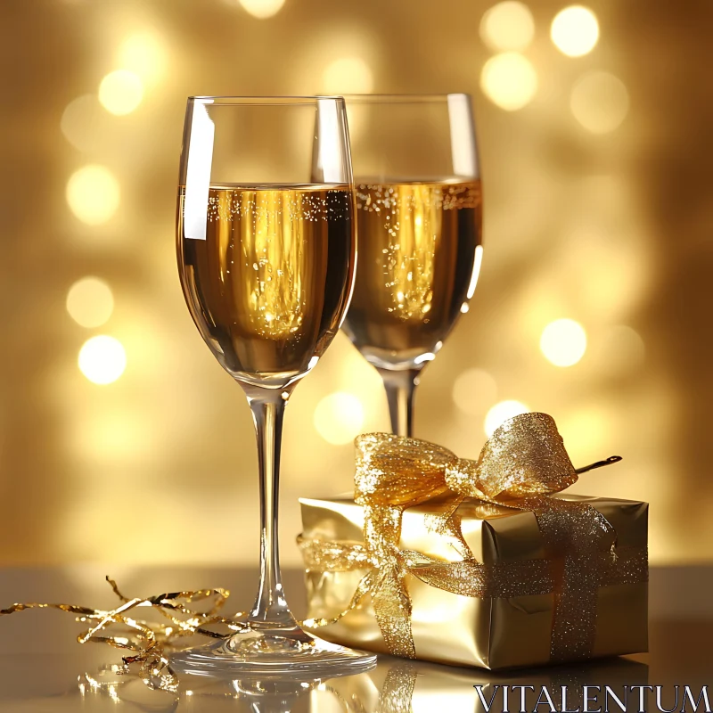 AI ART Festive Champagne Toast with Golden Gift