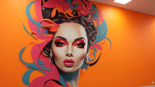 Captivating Female Face Mural in Orange and Crimson for Office Interior