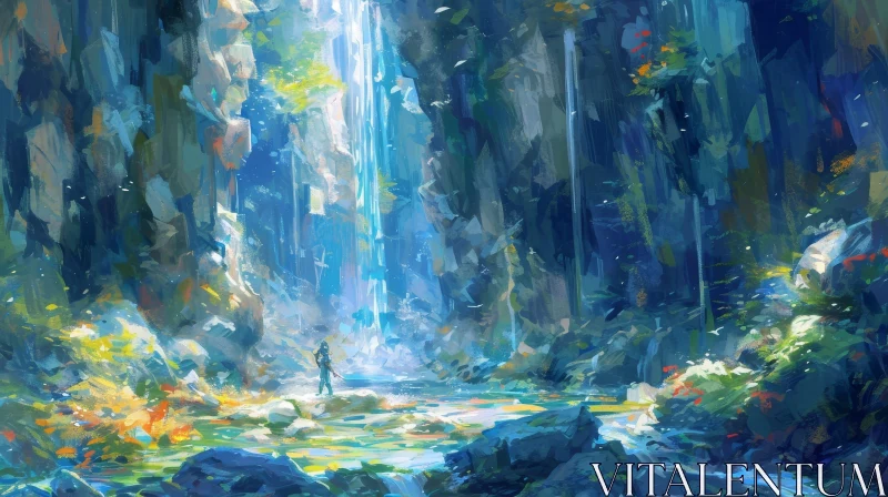 Captivating Forest Waterfall Painting AI Image
