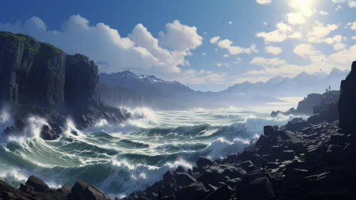Captivating Ocean Scene with Mountains and Waves | Adventure Themed